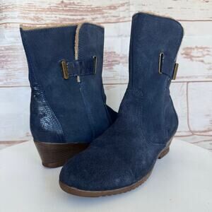 Sporto Natalie Women’s Snake-Print Heel Buckle Strap Blue Suede Boots Size 8